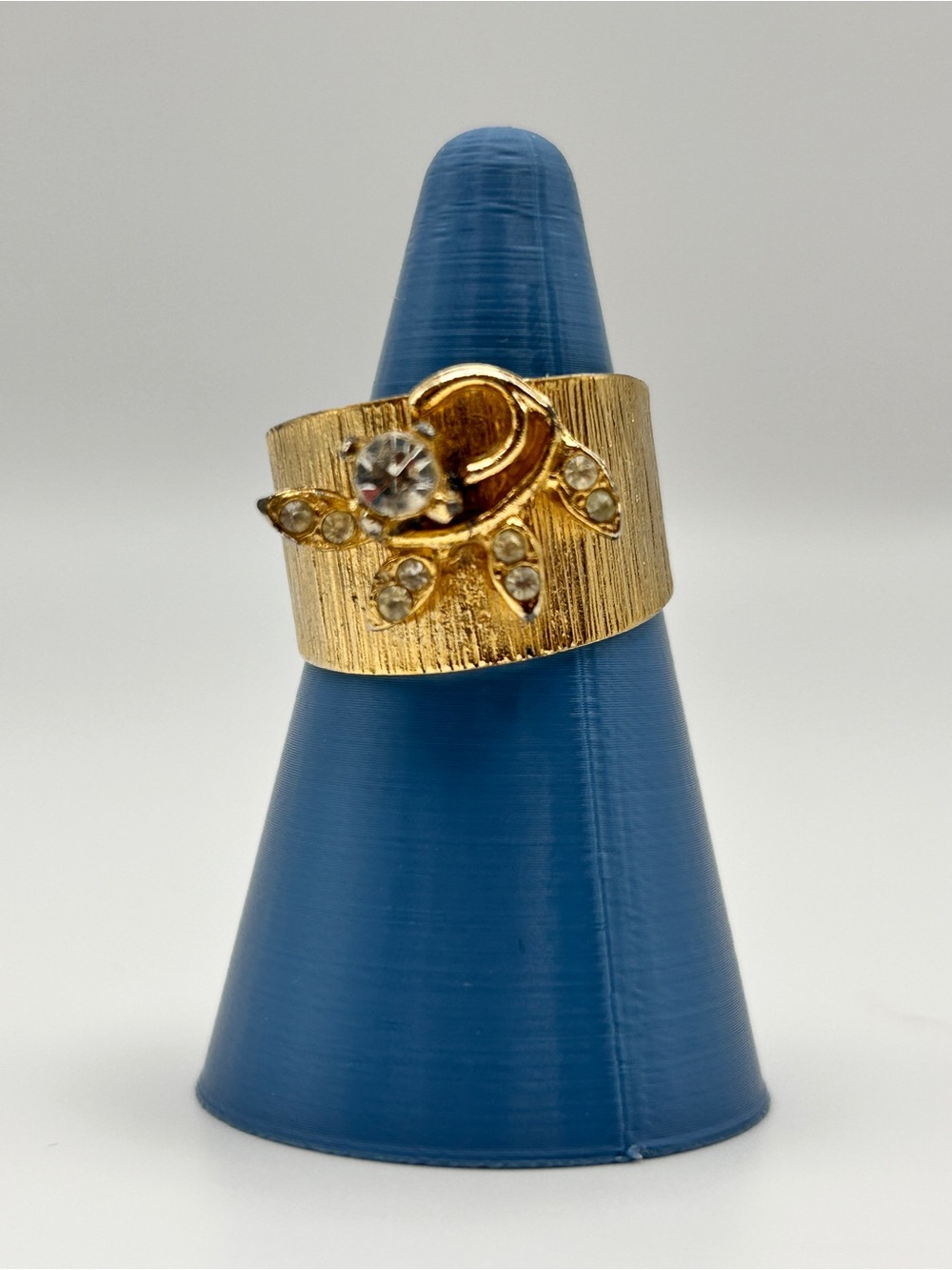 VTG Gold Tone Wide Cuff Ring Rhinestone Floral Adjustable Statement Ring  7.5